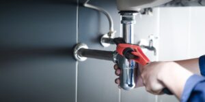  Alt Text: Professional plumber using a wrench to tighten or repair a chrome sink drainpipe, highlighting the necessary expertise for preventative maintenance in Highlands Ranch.